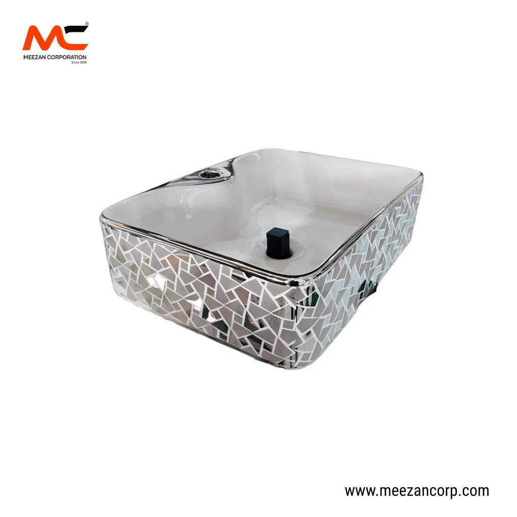 Vanity Art Bowl – Rectangular Luxury Silver Mosaic-Pattern Ceramic