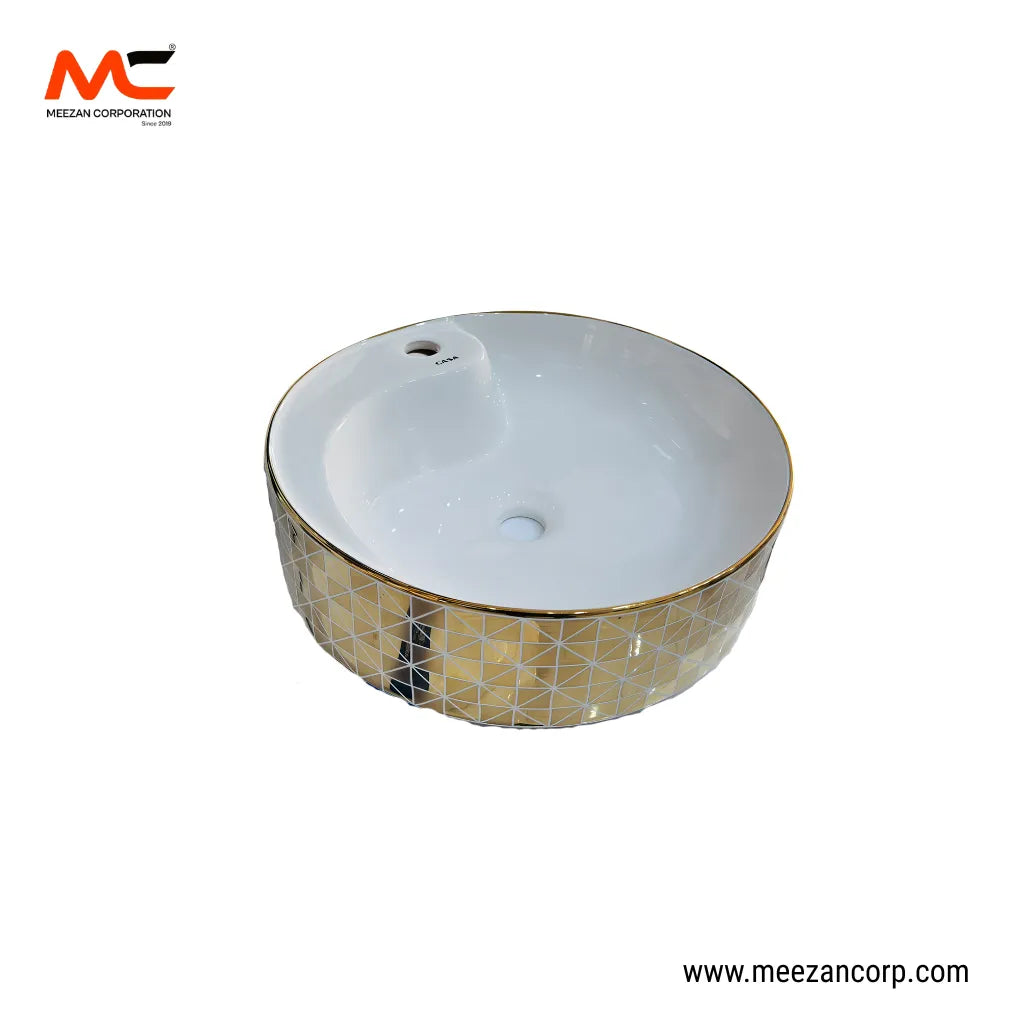 Vanity Art Bowl – Round Luxury Gold Geometric Triangle-Pattern Ceramic
