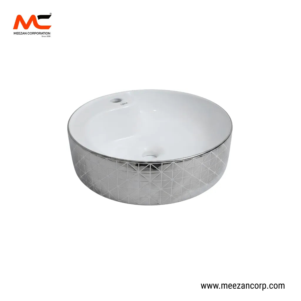 Vanity Art Bowl – Round Luxury Silver Geometric Triangle-Pattern Ceramic