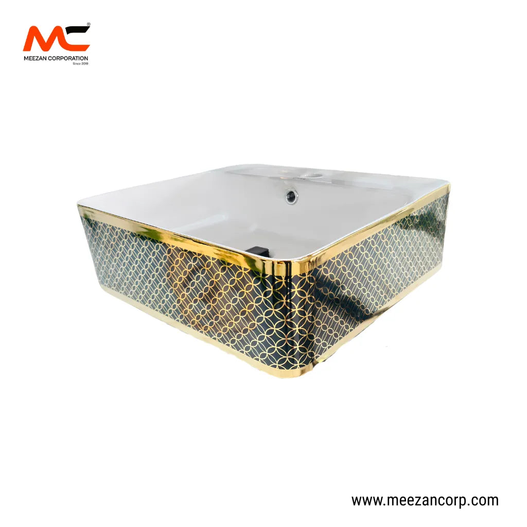 Vanity Art Bowl – Square Luxury Deep Green & Gold Lattice Ceramic