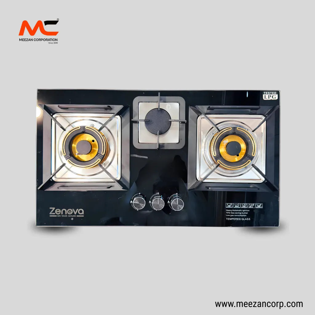Zenova 3-Burner Black Tempered Glass Built-In Hob (Gold Edition Burners)
