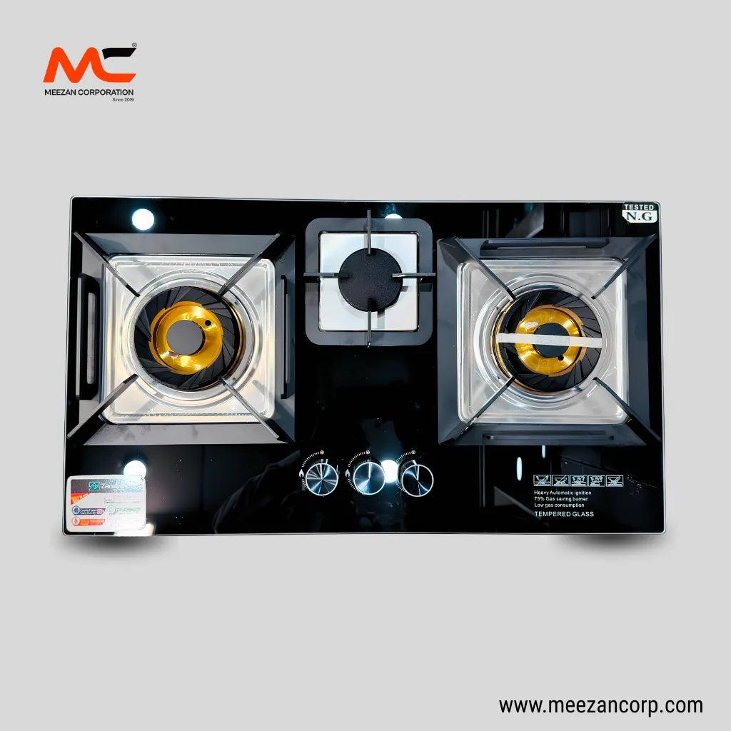 Zenova 3-Burner Black Tempered Glass Built-In Hob (Gold Edition N.G. Burners)