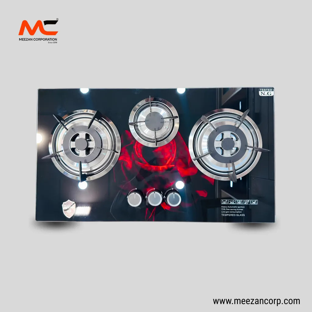 Zenova 3-Burner Black Tempered Glass Built-In Hob (Red Rose Edition)